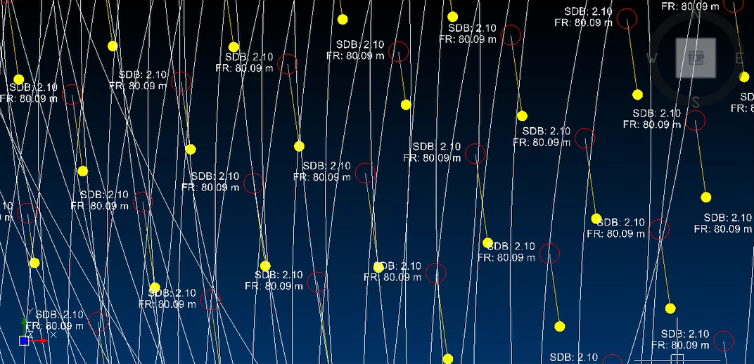 Screenshot of firing pattern displaying scaled depths of burial, flyrock ranges and flyrock circle ranges