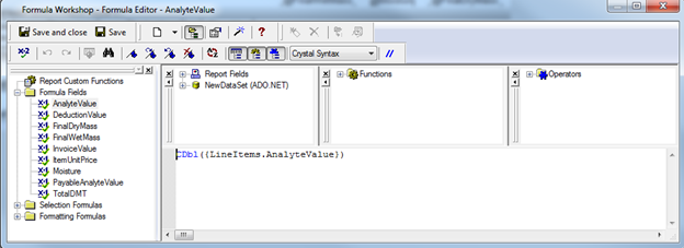 Screenshot of Crystal Reports showing Analyte Value as a formula field converted to the CDbl data type