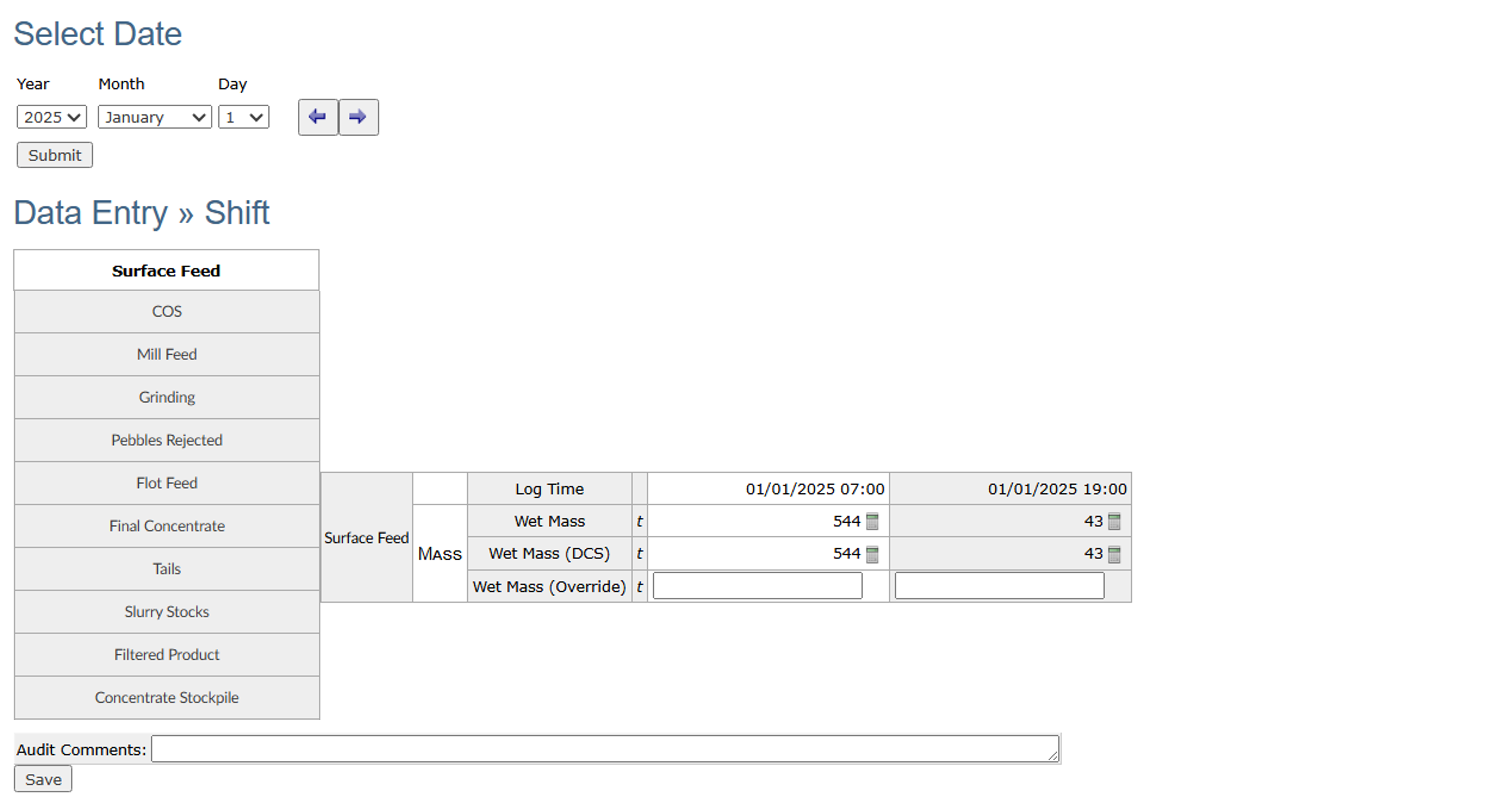 Legacy logsheet user interface example Legacy logsheet user interface example